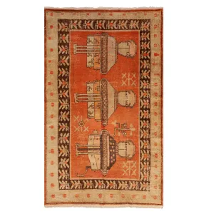 Orange Vintage Traditional Khotan Wool Rug - 4'4" x 7'7"