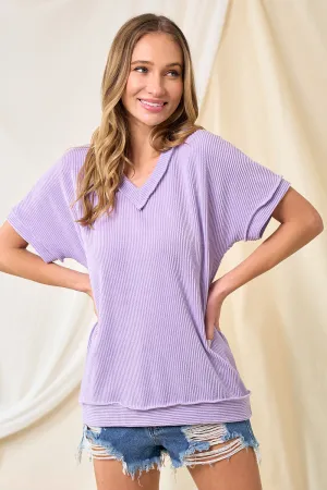 Purple Basic Ribbed V-Neck Top